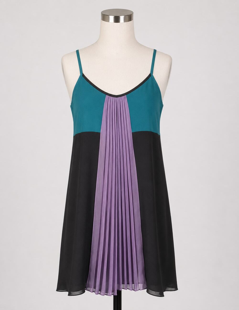 PJK | Satiny Tank Top Shiny Geometric Accordion Black Teal Purple